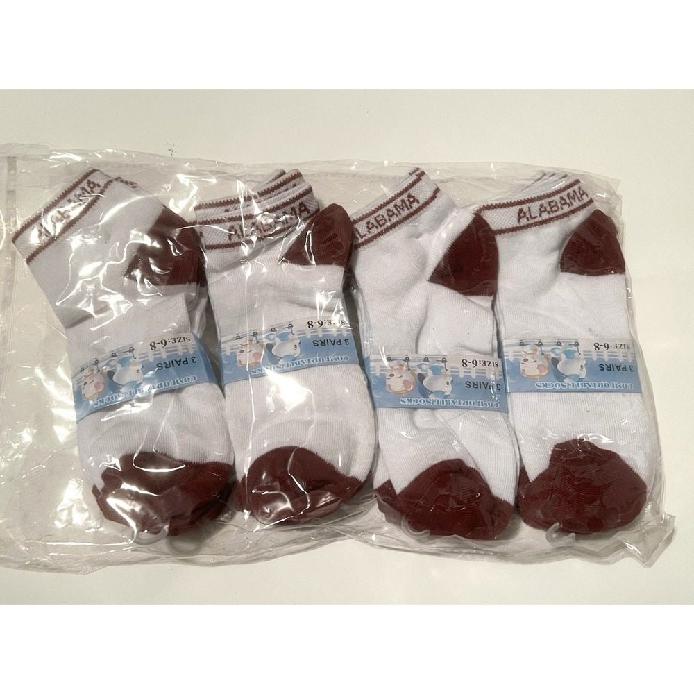 12 Pairs Kids Alabama Crimson Tide Ankle Socks – Size 6-8 – White & Crimson NEW